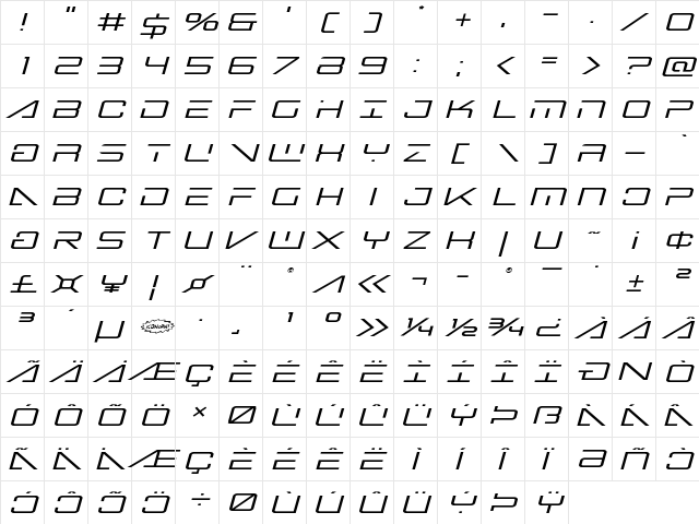Banshee Pilot Expanded Italic Expanded Italic  glyph index