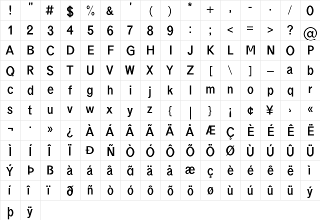 borneo Bold  glyph index