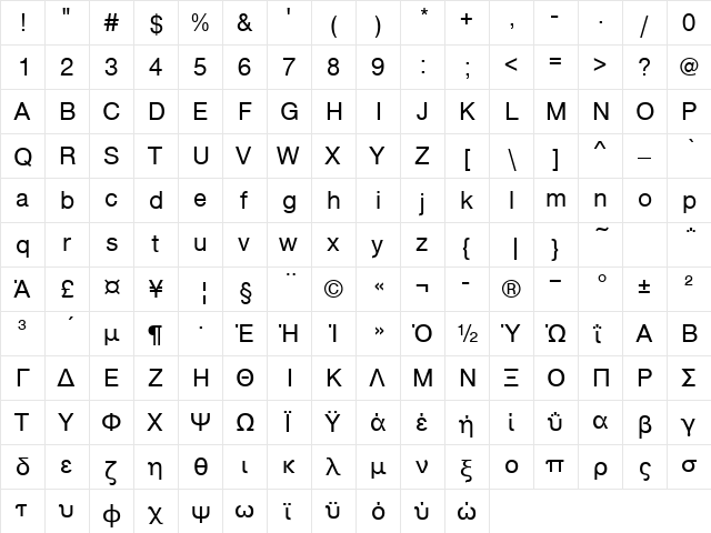 NimbusSanNo5TGR Regular  glyph index