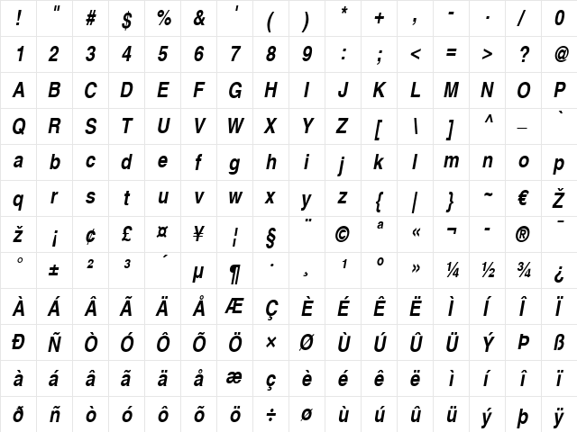 Helvetica LT Narrow Bold Italic  glyph index