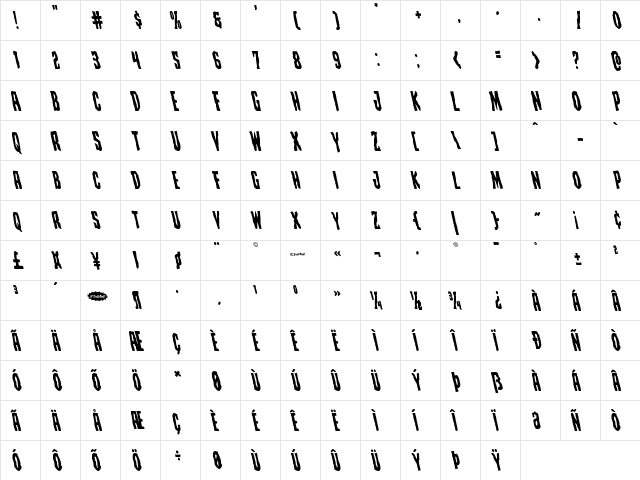 Creepy Crawlers Leftalic Italic  glyph index