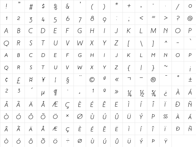 Malvern SC Italic  glyph index