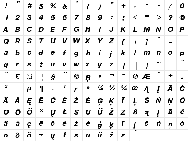 PragmaticaBTT BoldItalic  glyph index