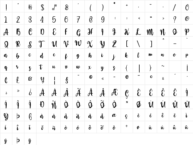 Zakiyah Regular  glyph index
