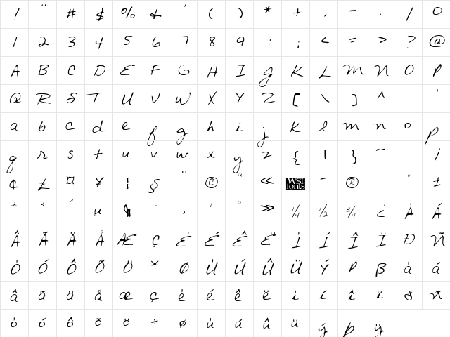 ArchiesHand Regular  glyph index