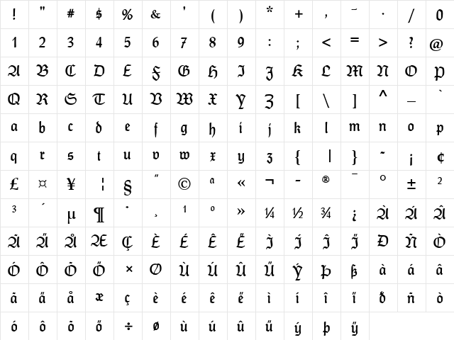 CAT FrankenDeutsch Regular  glyph index