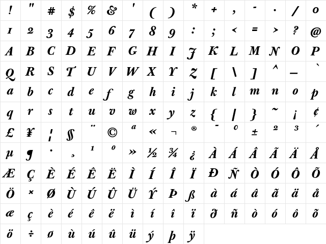 J Baskerville Text Bold Italic  glyph index