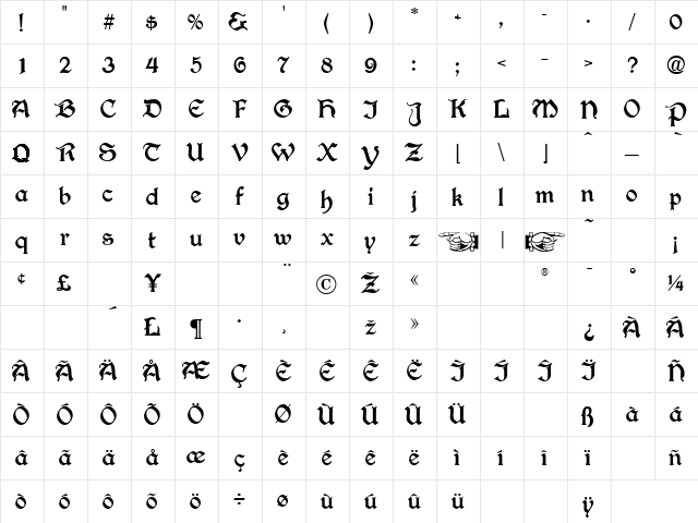 Academy Text Regular  glyph index