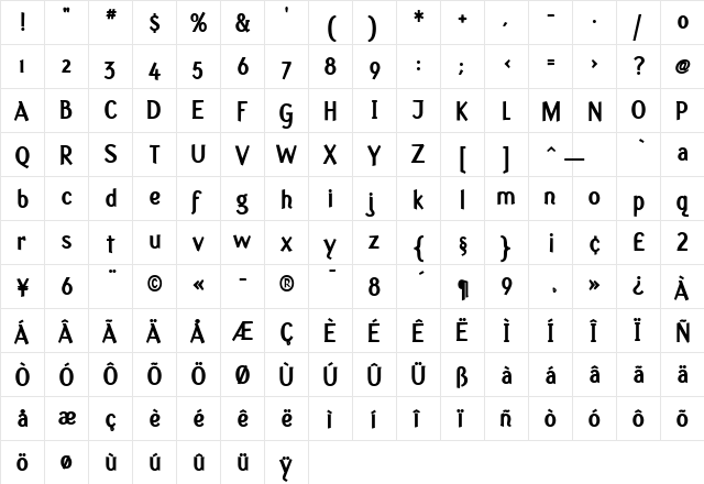 Fasciani-Senza ExtraBold  glyph index