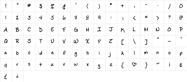 Ladylike BB Regular  glyph index