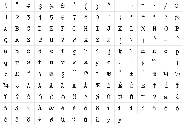 Tox Typewriter Regular  glyph index