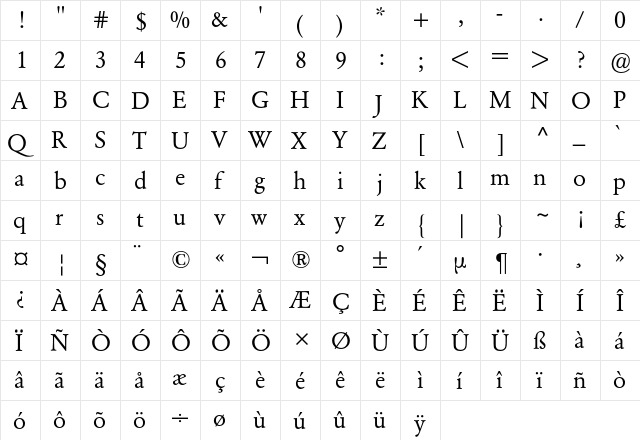 Garamond BQ Regular  glyph index