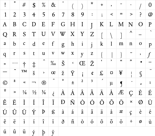 DTLElzevirTBook Regular  glyph index