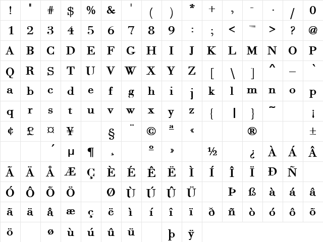 Any Color 9 Bold  glyph index