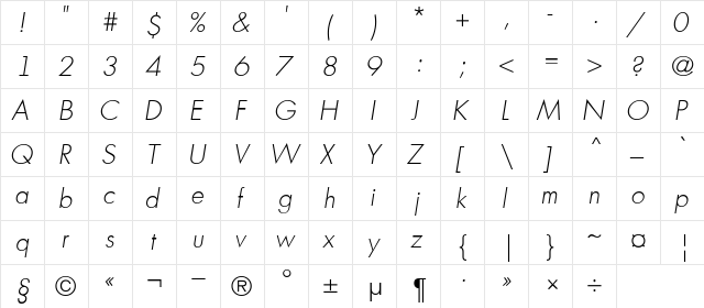 a_FuturicaLt ThinItalic  glyph index