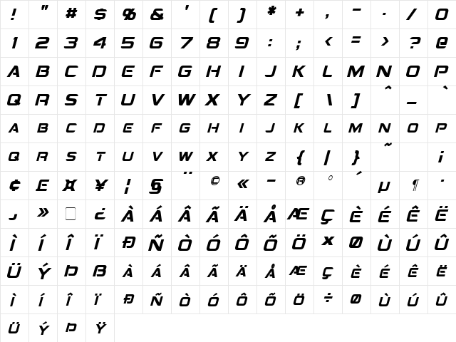 Montalban Condensed Italic  glyph index