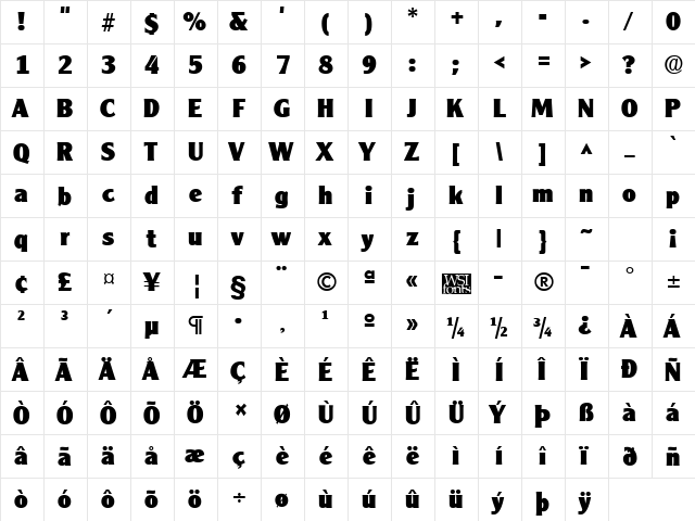 ClearlyGothicHeavy Regular  glyph index