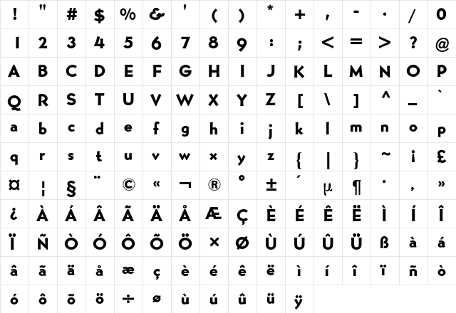 Bernhard Gothic BQ Regular  glyph index