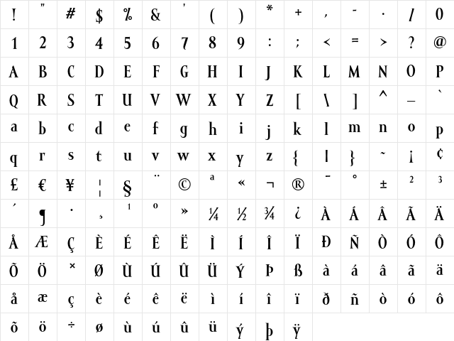 Mramor Bold  glyph index