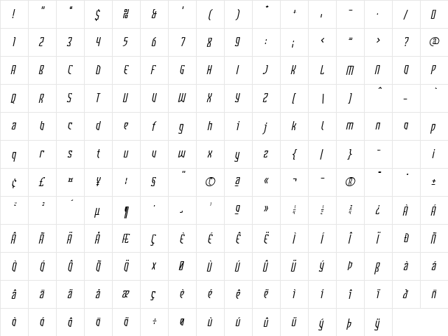 Komunique RegularItalic  glyph index