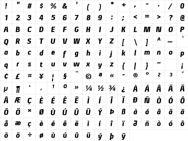 Xenu Black Italic  glyph index