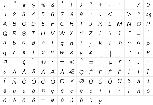 Folio BQ Regular  glyph index