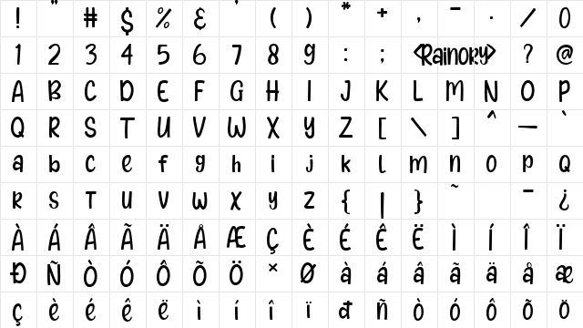 Rainory Regular  glyph index