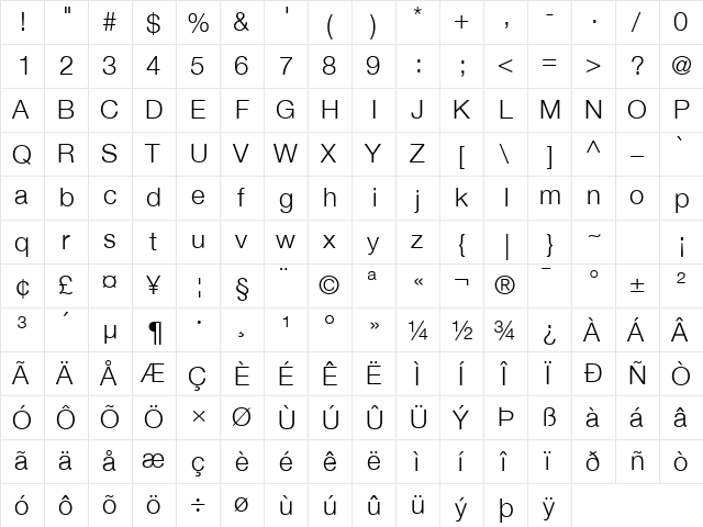 Helvetica Neue Light  glyph index