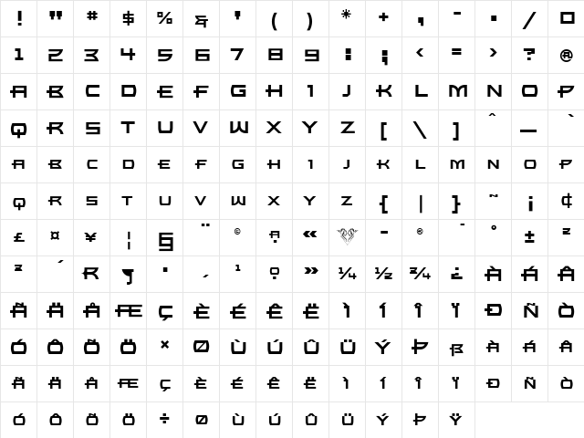 Bronzo Bold  glyph index