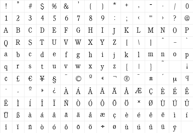CalgarySerial-Xlight Regular  glyph index