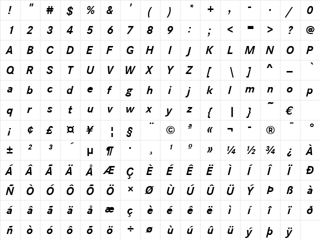 CorpoSLig Bold Italic  glyph index