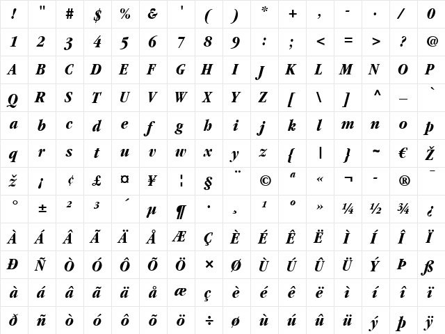 Garamond LT BoldCondensedIt Regular  glyph index