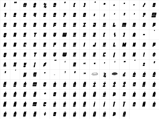 Homebase Low Laser Italic Regular  glyph index