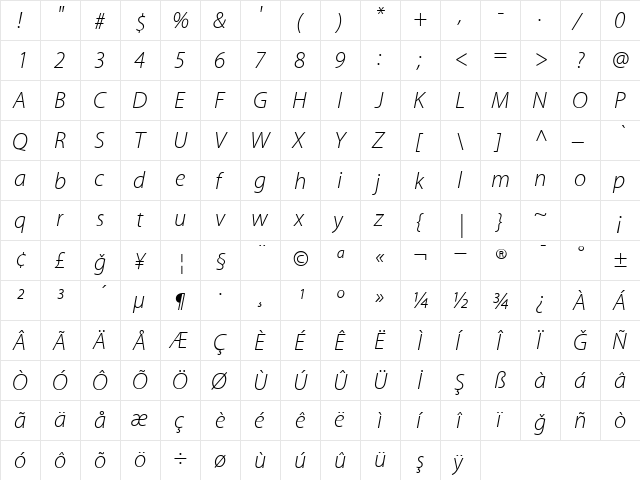 STVMyriad LightItalic  glyph index