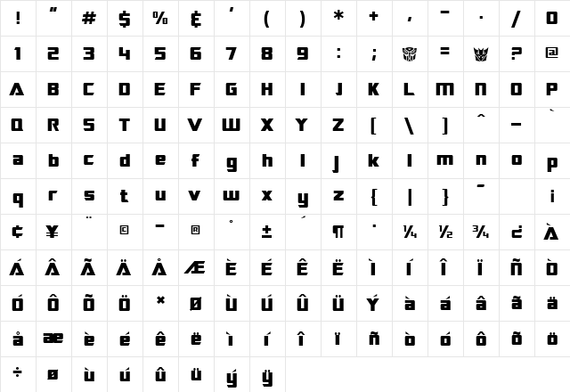 SF TransRobotics Regular  glyph index