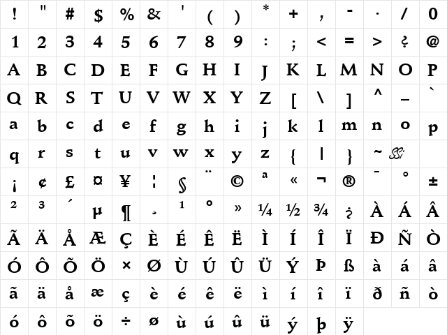 Deutch SSi Bold  glyph index