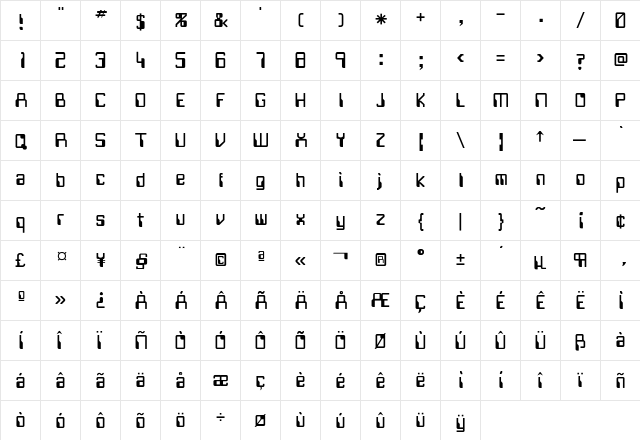 Justov Regular  glyph index