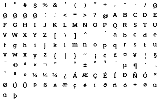 Quotus Bold  glyph index