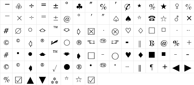 Universal Medium  glyph index