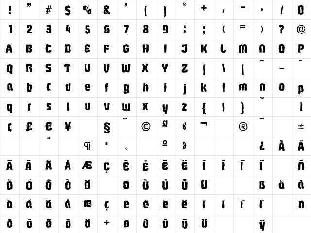 PasadenaRandom-Xbold Regular  glyph index