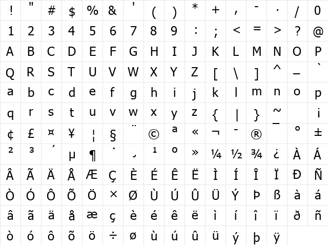 Tahoma Regular  glyph index