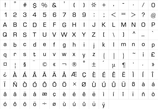 Eurostile BQ Regular  glyph index