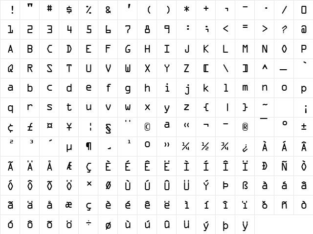 OCR A Extended Regular  glyph index