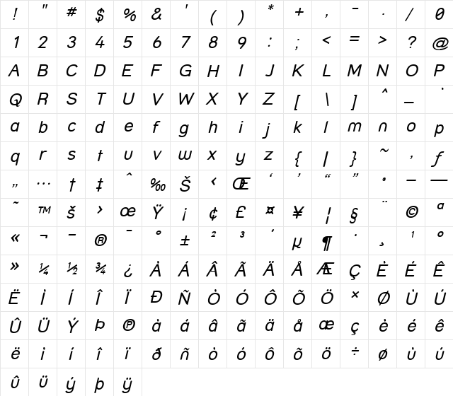 Street Italic  glyph index