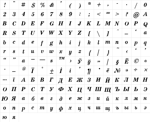School Bold Italic  glyph index