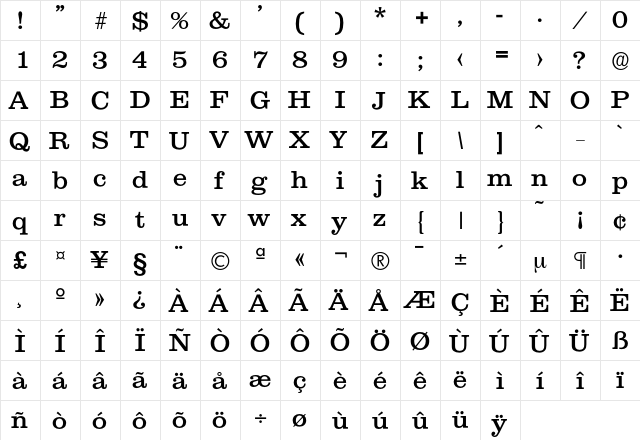 Clarendon-Regular Regular  glyph index