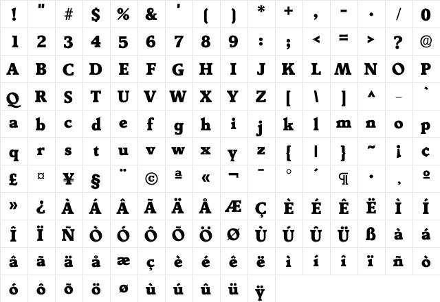 Derrin Heavy  glyph index