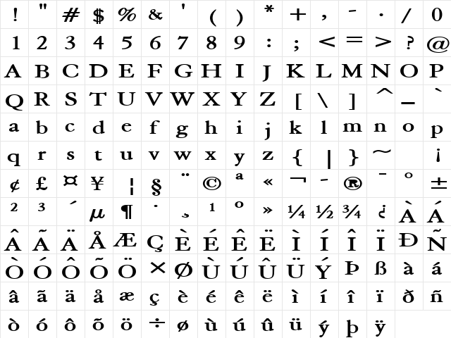 Elephant Extended Bold  glyph index