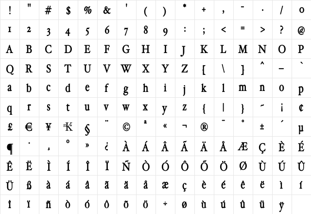 HollaMediaeval Bold  glyph index