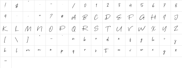 Brown Pen Regular  glyph index